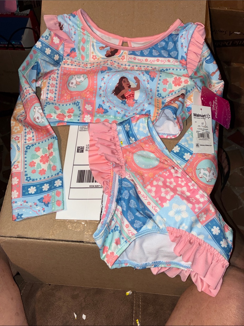 Disney Girls' Pink & Light Blue Moana Floral Long-Sleeve Two-Piece Swim Set